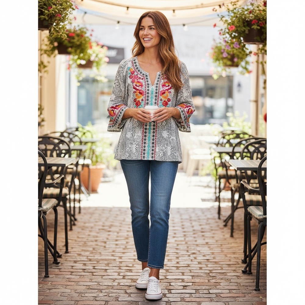 Savannah Jane - NEW - Size Medium BOHO BLOUSE TOP - notched v-neckline B1